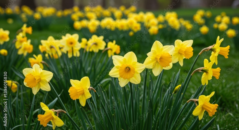 Fototapeta premium Daffodil Delight: Spring Meadow in Bloom - A vibrant field of daffodils basking in sunlight, symbolizing springtime, new beginnings, hope, joy, and renewal. Soft focus background enhances the beauty