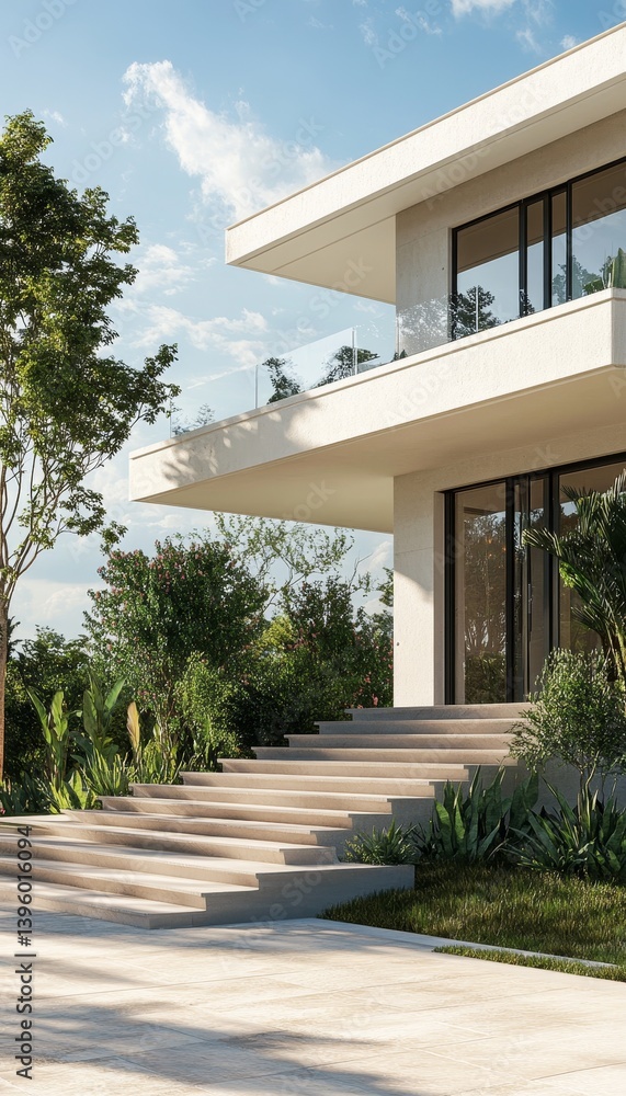 Fototapeta premium Luxurious villa entrance with layered elevation, warm concrete steps, and elegant landscaping in hdr