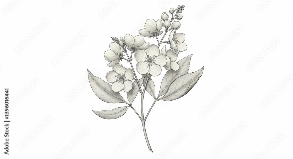Delicate Spring Blossom Branch - A grayscale illustration of a flowering branch with delicate blossoms and leaves. Perfect for spring themes, botanical designs, and nature-inspired projects Delicate Spring Blossom Branch - A grayscale illustration of a flowering branch with delicate blossoms and leaves. Perfect for spring themes, botanical designs, and nature-inspired projects