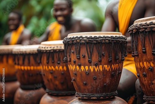 Traditional Wooden Drums Played During Cultural Music Performance Outdoors