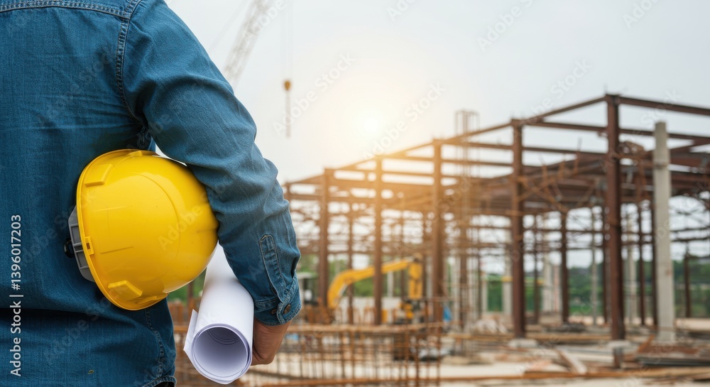 Engineer holding helmet and blueprints at a construction site with steel frame building in background Engineer holding helmet and blueprints at a construction site with steel frame building in background