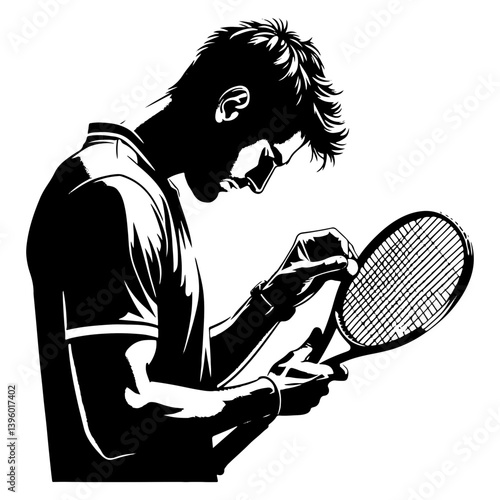 Male Tennis Player Checking His Strings, Black And White Tennis Silhouette