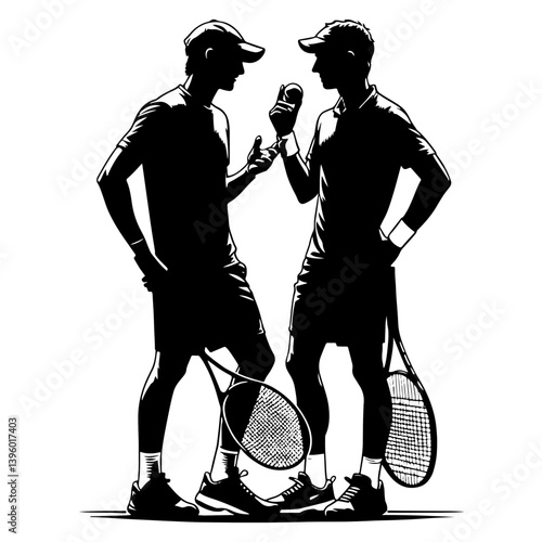 Two Male Tennis Players Talking, Black And White Tennis Silhouette