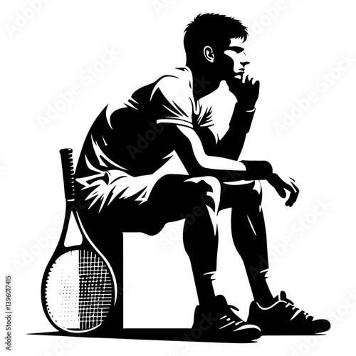Male Tennis Player Resting Between Sets, Black And White Tennis Silhouette