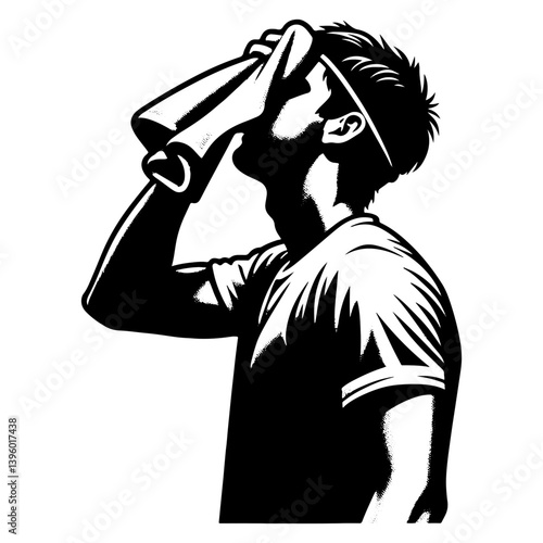 Male Tennis Player Wiping Sweat From His Face, Black And White Tennis Silhouette