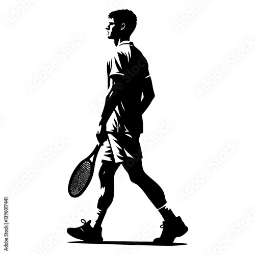 Male Tennis Player Walking Between Frames, Black And White Tennis Silhouette