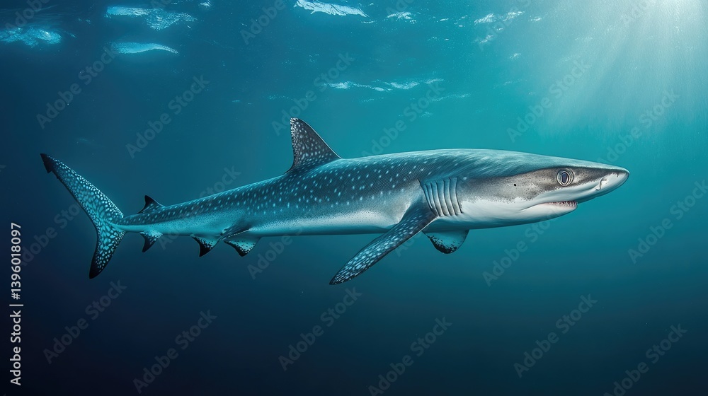 Obraz premium Majestic whale shark swimming gracefully in clear blue ocean waters with sunlight filtering through