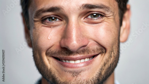 smiling man expresses joy while tear hints at underlying depression