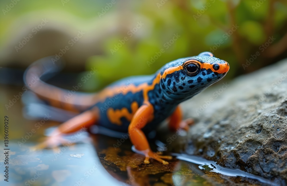 Alpine newt closeup. Aquatic amphibian sits rock edge in freshwater habitat. Orange legs, black blue patterned skin, orange stripe. Focus on eye. Macro photo captures nature wildlife beauty. Alpine newt closeup. Aquatic amphibian sits rock edge in freshwater habitat. Orange legs, black blue patterned skin, orange stripe. Focus on eye. Macro photo captures nature wildlife beauty.