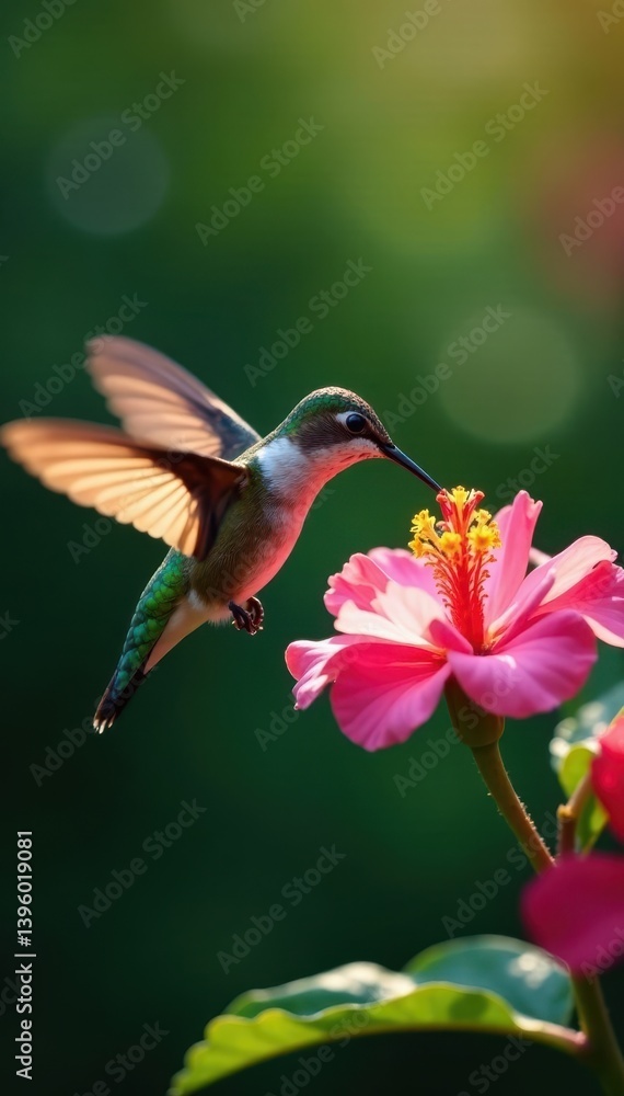 Naklejka premium Hummingbird feeding, wings blur, intense focus on flower , motion blur, wings