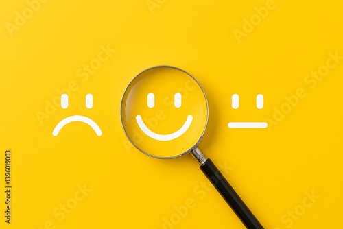 Customer satisfaction feedback survey concept to gain insights and enhance services. Magnifying glass highlighting smiley face among various emoticons on yellow background.