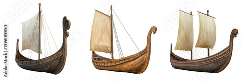 Set of Viking Boat on a White Background: A realistic Viking longboat resting on transparent png background. Ai generated