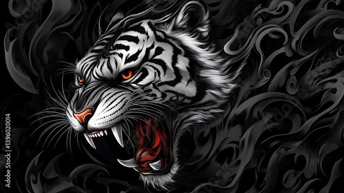 Aggressive White Tiger Illustration with Glowing Eyes
