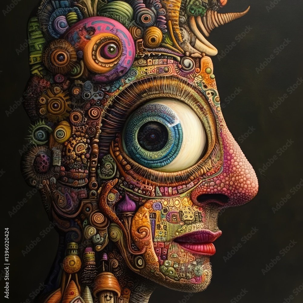 Fototapeta premium Surreal portrait of a person with intricate mechanical features and vibrant colors, set against a dark background