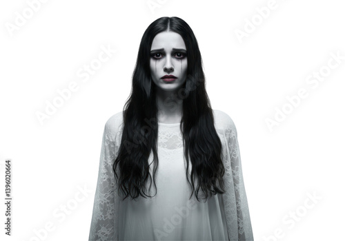 Isolated Sad Ghostly Woman with Black Tears