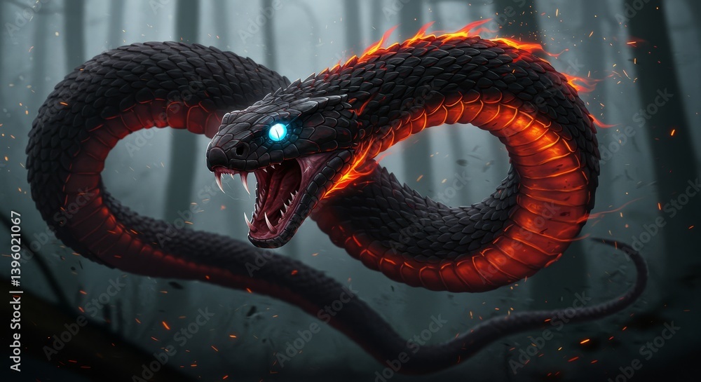 Obraz premium Fiery Serpent in the Woods - A majestic black snake, engulfed in flames, slithers through a dark forest. Its glowing eyes and open mouth create a powerful