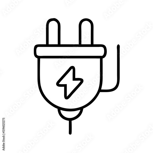 Black outline icon of electric power plug with lightning bolt symbol, minimal energy connection concept for electricity, charging, power supply or smart devices