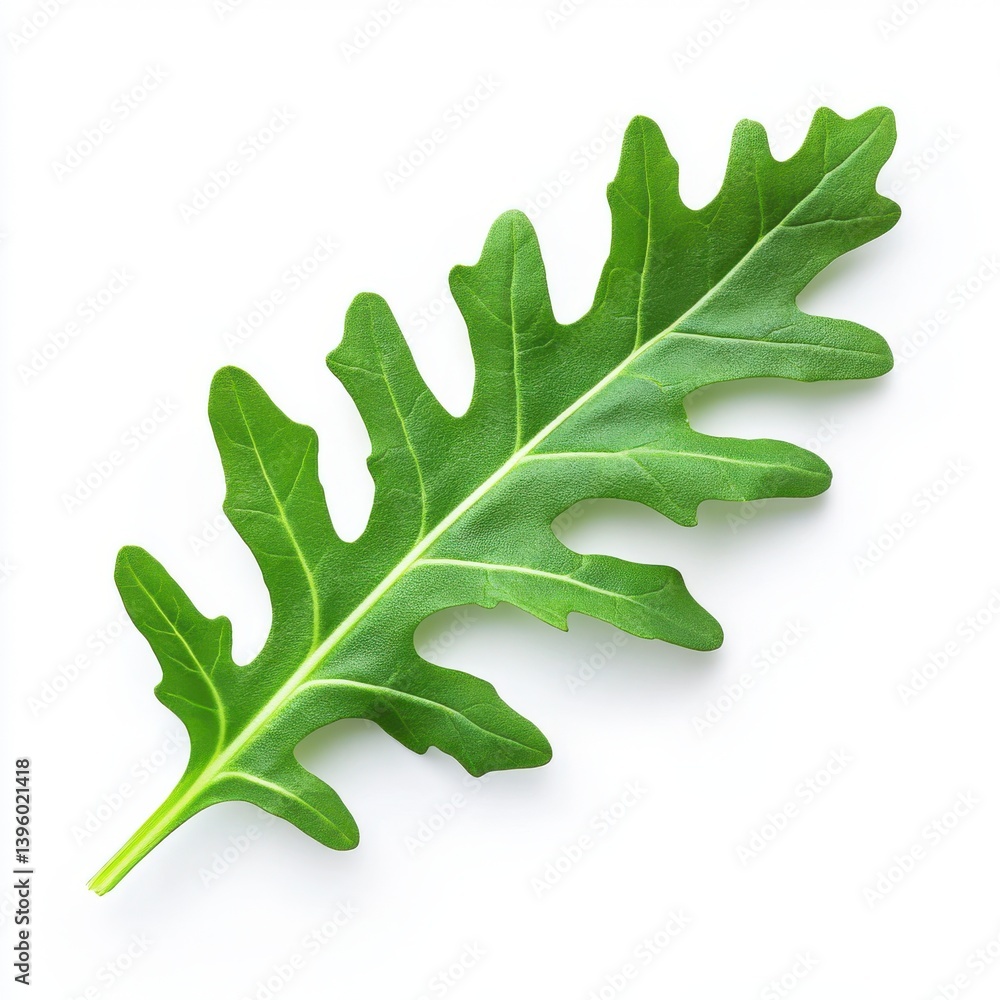 Naklejka premium A single green arugula leaf with jagged edges isolated on white background