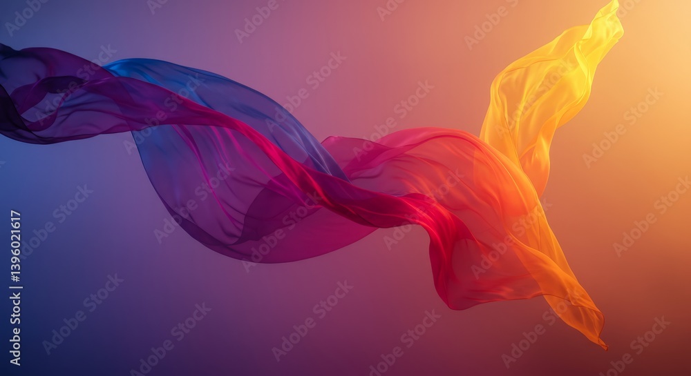 Fototapeta premium Flowing Fabric in Vivid Hues - Abstract of colorful fabric flowing gracefully, showcasing vibrant red, purple, and orange tones against a soft gradient background
