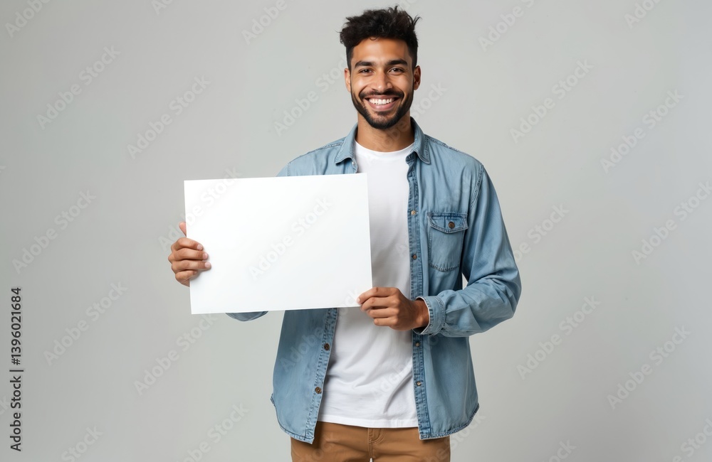 Happy young man holding blank white card poster, smiling, looking at camera. Caucasian guy display sign board, advertise product service. Space for text, copy space on advertising banner, casual Happy young man holding blank white card poster, smiling, looking at camera. Caucasian guy display sign board, advertise product service. Space for text, copy space on advertising banner, casual