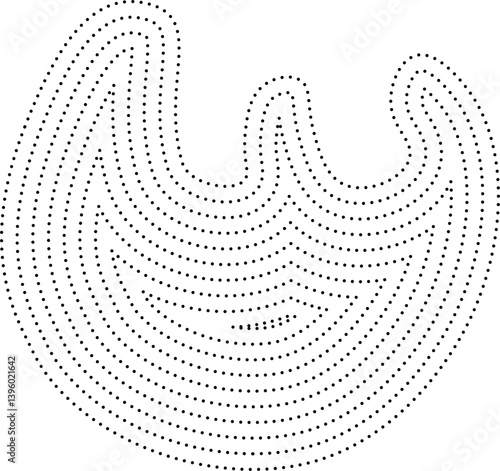 Trident-like organic form with three-pronged curves and concentric dotted rings.