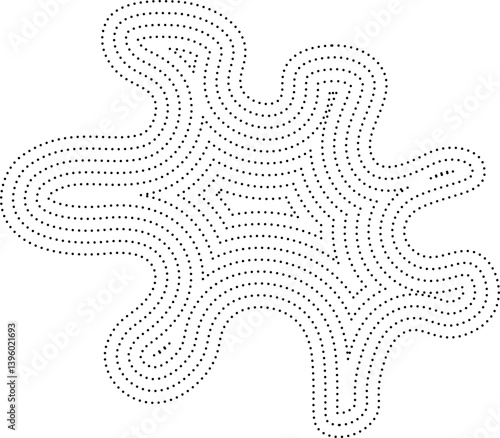 Curved abstract shape with protruding extensions and detailed dotted concentric outlines.