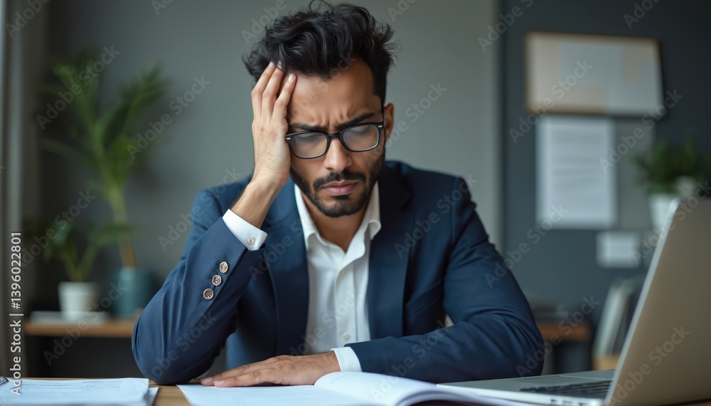 Arabian Indian businessman, exhausted stressed at office desk. Sad, concerned man in suit with laptop, eyewear, holding head. Burnout, problem, worry, fatigue. Overwork, deadline, stress, depression Arabian Indian businessman, exhausted stressed at office desk. Sad, concerned man in suit with laptop, eyewear, holding head. Burnout, problem, worry, fatigue. Overwork, deadline, stress, depression