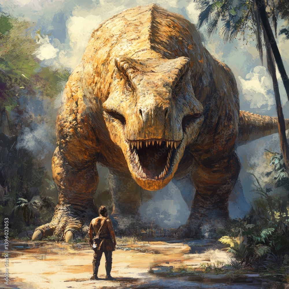 Fototapeta premium A brave explorer stands before a massive dinosaur in a lush, prehistoric jungle setting