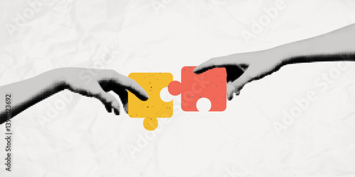Trendy halftone collage of business concept. Teamwork, partnership and collaboration, problem solution and success. Human hands connecting jigsaw puzzle together. Modern retro vector illustration