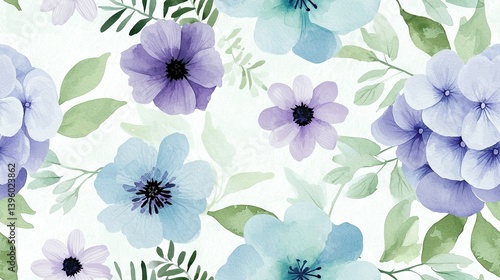 Wallpaper Mural  A watercolor painting of vibrant blue and purple flowers on a white background, featuring lush green leaves Torontodigital.ca