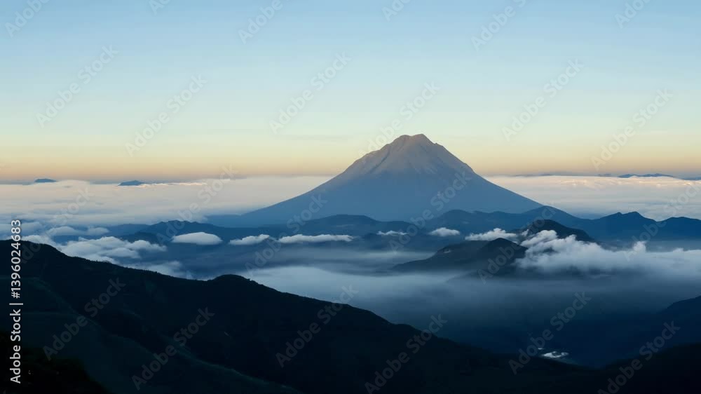 Serene mountain landscape at dawn with clouds and distant peaks. Serene mountain landscape at dawn with clouds and distant peaks.