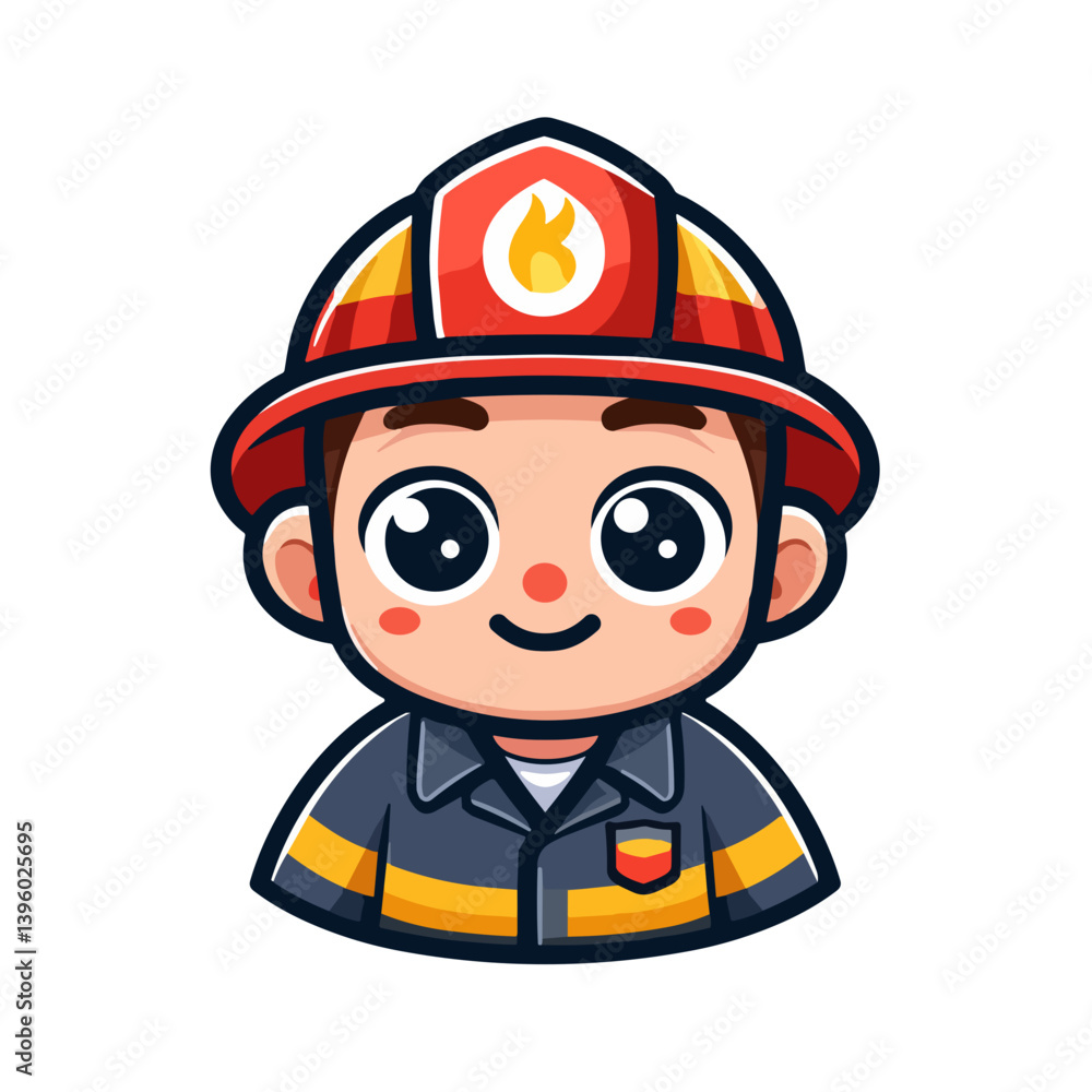 Cheerful cartoon firefighter wearing a helmet and uniform smiling in close-up illustration on white background copy space Cheerful cartoon firefighter wearing a helmet and uniform smiling in close-up illustration on white background copy space