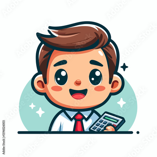 Cheerful cartoon accountant holding a calculator and smiling in close-up illustration on white background copy space