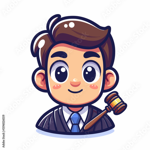 Cheerful cartoon lawyer with a gavel smiling in close-up illustration on white background copy space