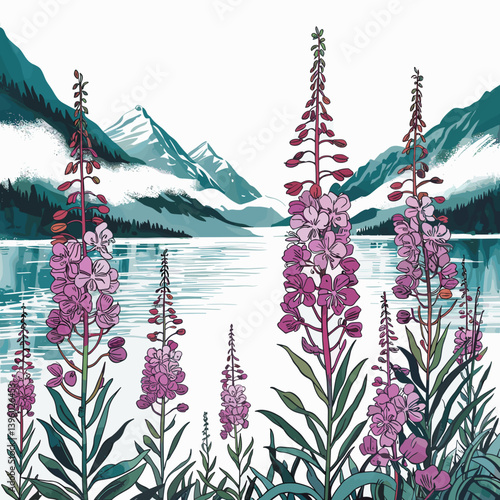 Alaskan Fireweed by Glacier Lake – Serene Nature Print