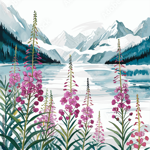 Alaskan Fireweed by Glacier Lake – Serene Nature Print