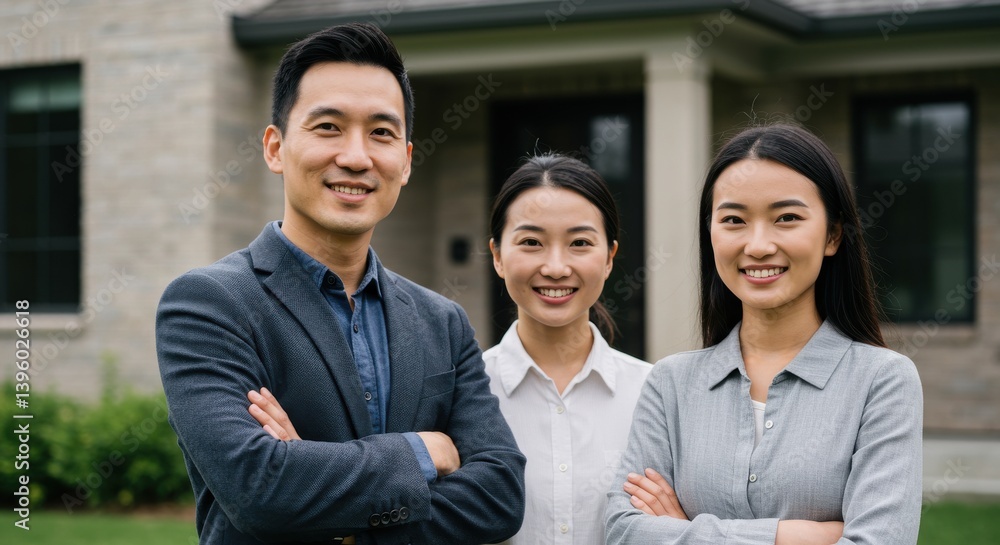 Three asian individuals smiling in front of a house with arms crossed in an outdoor setting Three asian individuals smiling in front of a house with arms crossed in an outdoor setting