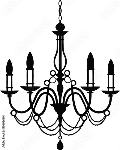 Vintage wrought iron chandelier with candle lamps and candelabras on a white background