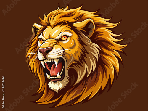 A professional vector of a roaring lion with a golden mane, placed on a solid dark brown background