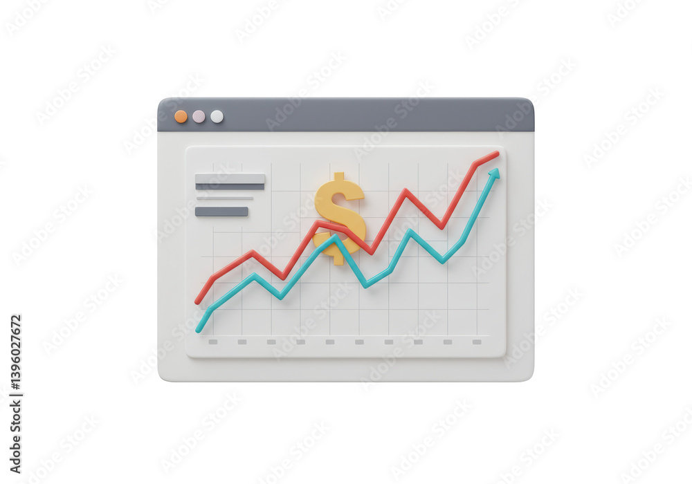 Isolated 3D Browser Window Depicting Financial Growth with Dollar Sign and Rising Graphs Isolated 3D Browser Window Depicting Financial Growth with Dollar Sign and Rising Graphs