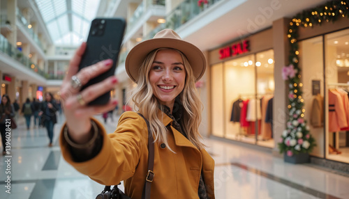 Young woman smiling while taking a selfie in a shopping mall  