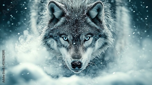 Wallpaper Mural   Wolf with blue eyes in snowy landscape, facing camera with snowflakes on its face Torontodigital.ca