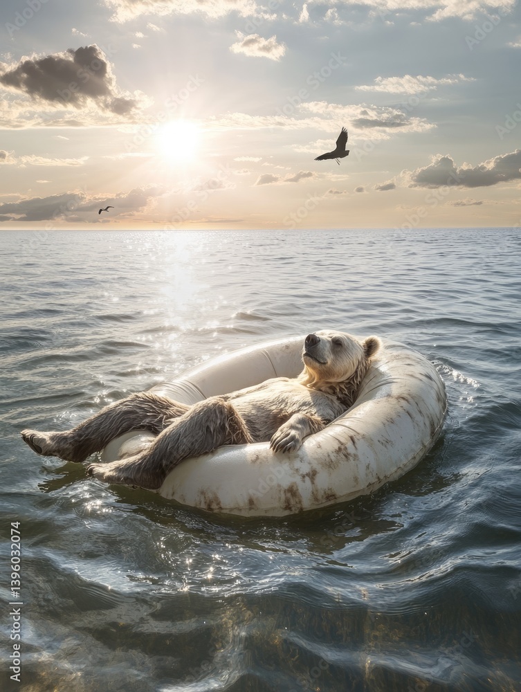 Obraz premium Generic animal floating on an inflatable ring at sea under the sun, enjoying tranquility and relaxation with a bird flying in the background.