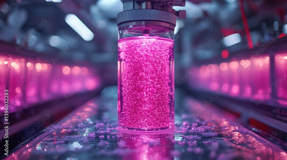 Pink granules in glass cylinder on automated production line. Pink granules in glass cylinder on automated production line.