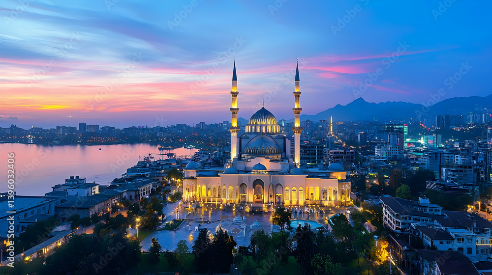 Naklejka premium Aerial View Of Illuminated Mosque At Sunset Over City