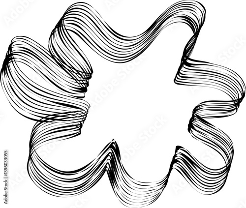 Wavy outline with splat-like protrusions formed by parallel black lines creating a textured organic structure in motion.