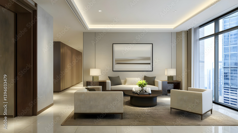 Fototapeta premium Modern Elegant Living Room With City View