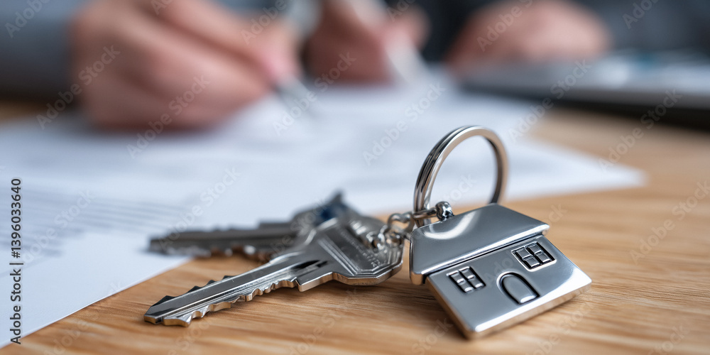 House keys with a keychain are on a table with blurred documents and a model house, representing a home purchase.