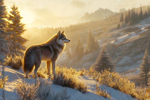 Dire wolf a wolf standing on a snowy hill at sunset with mountains and trees in the background landscape view