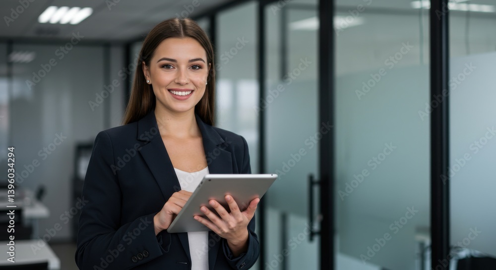 Portrait of a smiling businesswoman in a blazer holding a tablet in an office environment setting Portrait of a smiling businesswoman in a blazer holding a tablet in an office environment setting